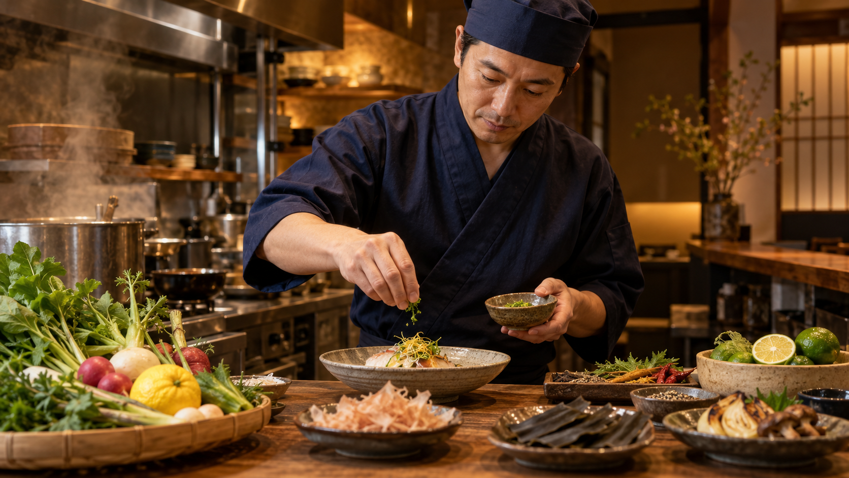 だしや柑橘、香辛料で料理の味を組み立てる料理人