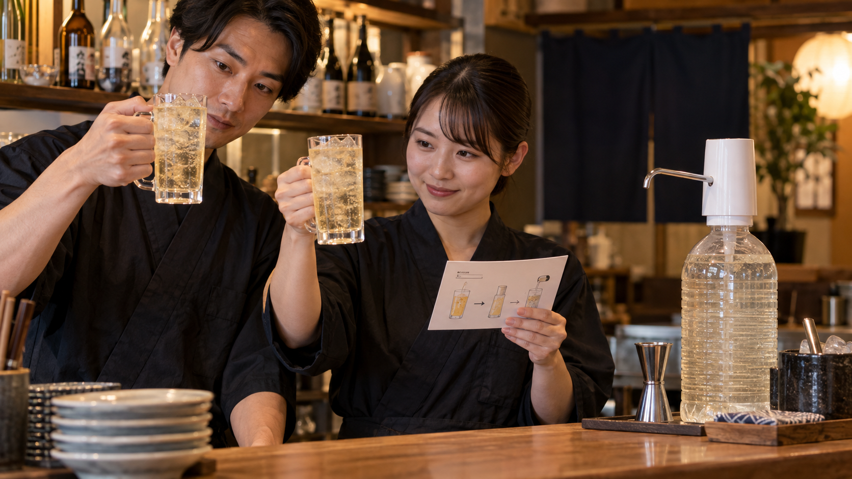 飲食店スタッフがレシピカードを見ながら同じ仕上がりのドリンクを確認する様子