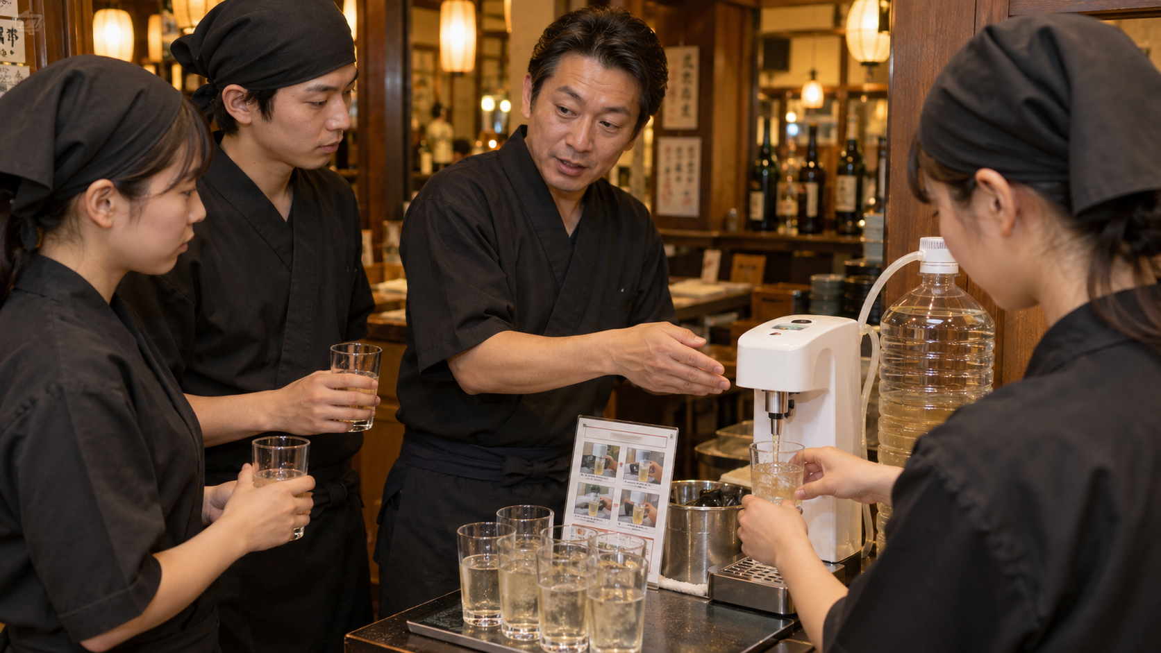 店長がスタッフに電動ディスペンサーを使った定量注出の手順を教える様子