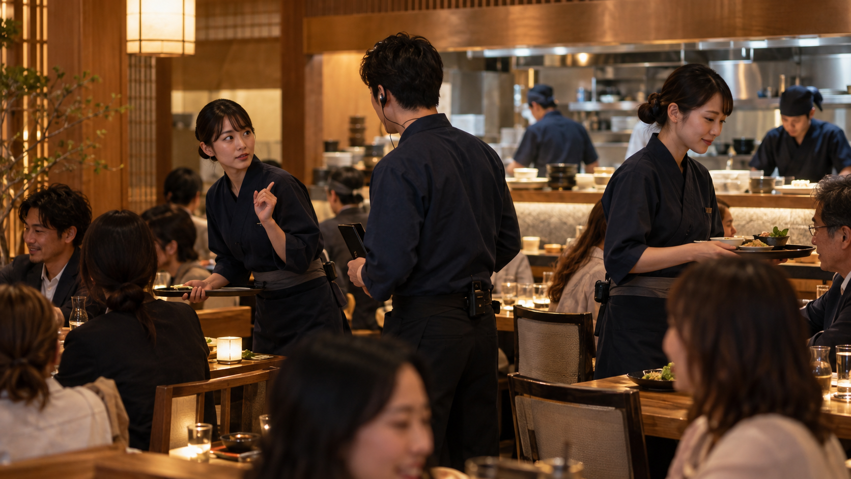 混雑した飲食店でスタッフが店長に合図しながら他の接客を止めずに引き継ぐ様子