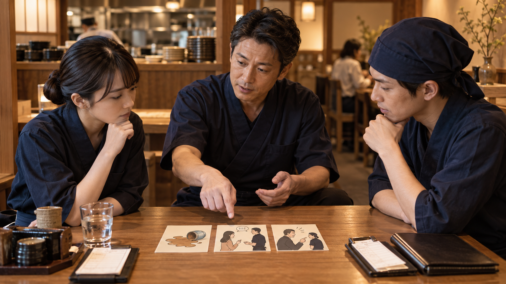 店長とスタッフが店舗ミスや要求の違いを示す三つの場面を比較している様子