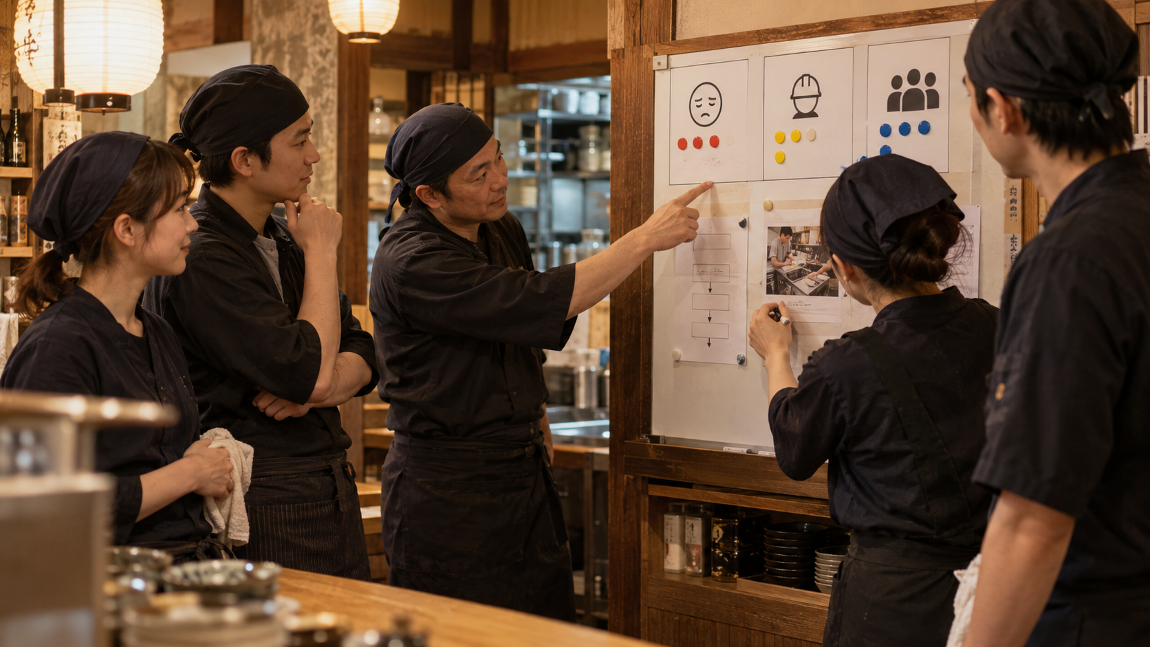 営業後に改善点を共有して翌週の行動を決める飲食店チーム