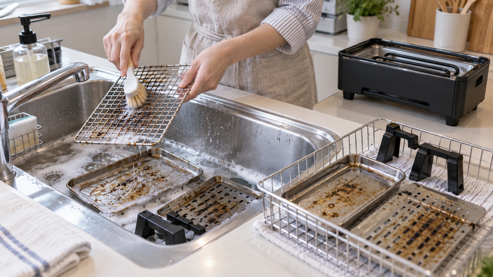 使用後に焼網と水皿などの取り外し部品を洗浄するイメージ