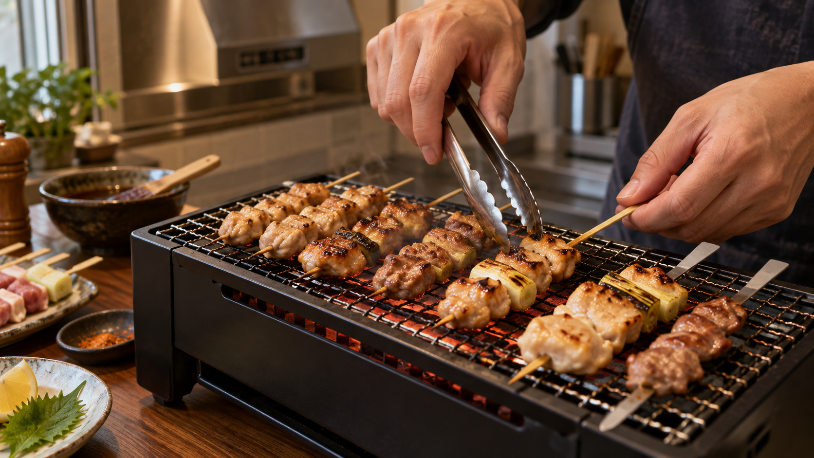 卓上炉ばた焼器で焼き鳥の串を返しながら少量ずつ焼くイメージ