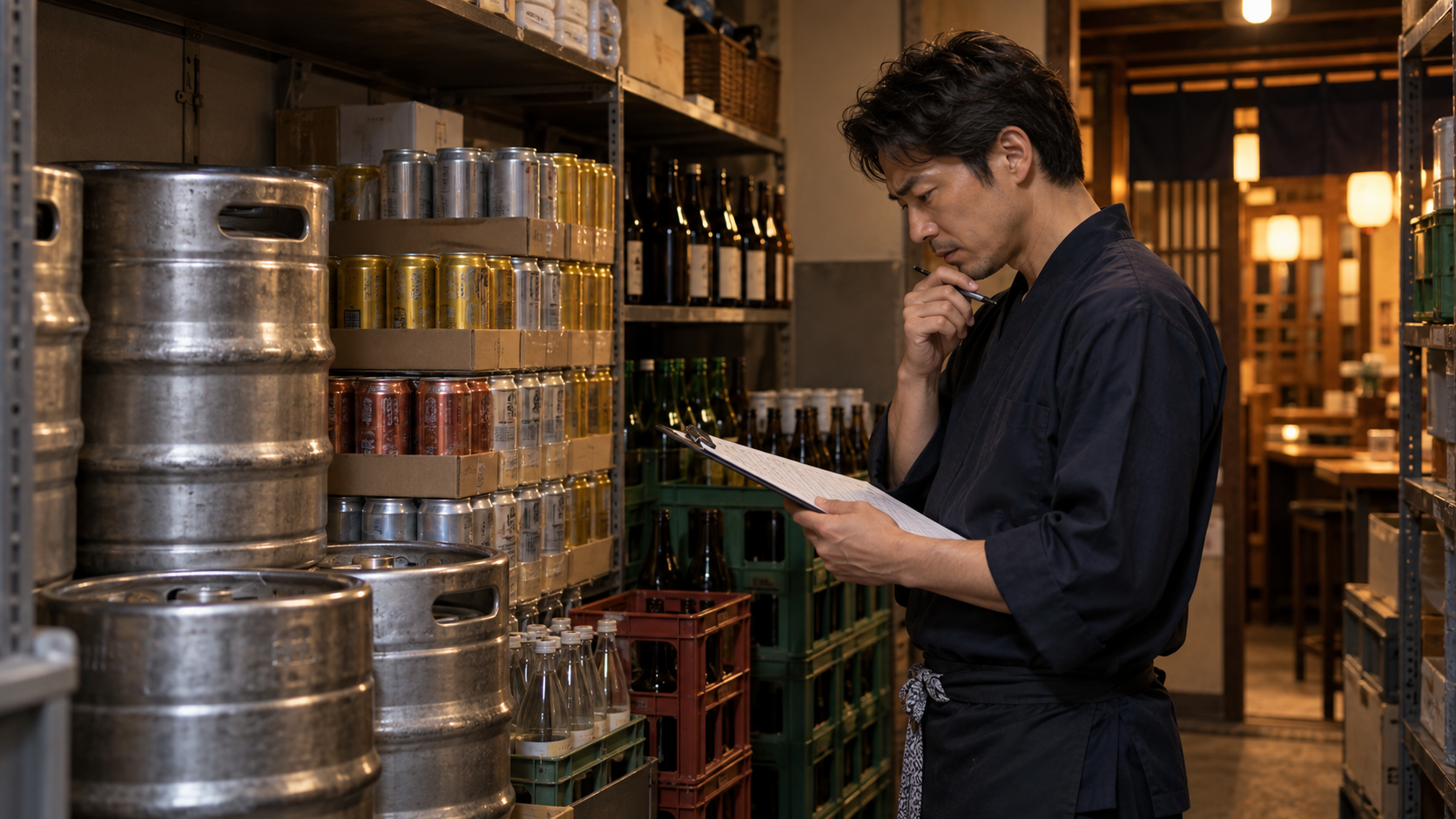 酒税改正時にビール樽や缶飲料の在庫を確認する飲食店経営者
