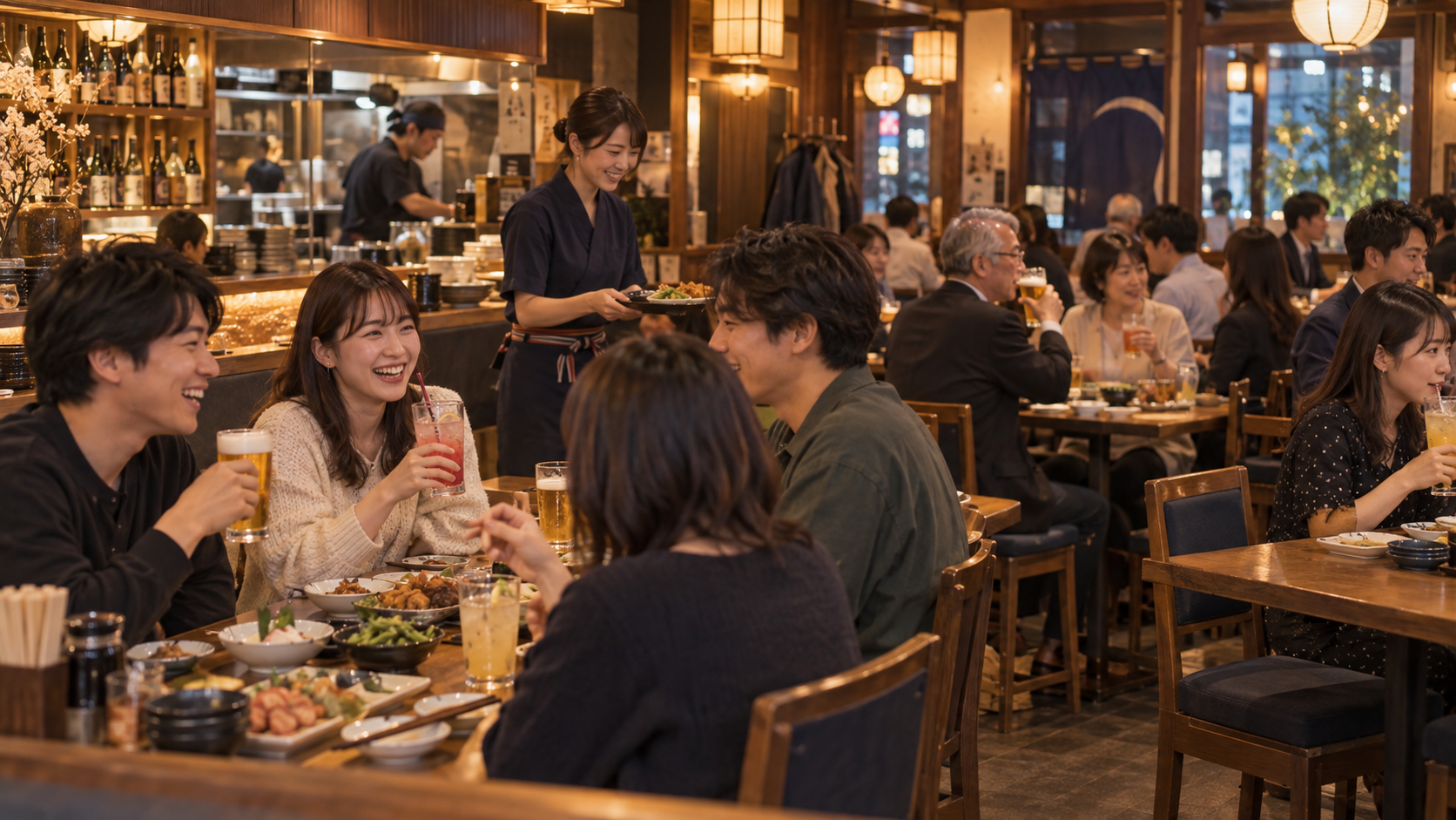 ビールとノンアル飲料を選ぶ幅広い年代の居酒屋客