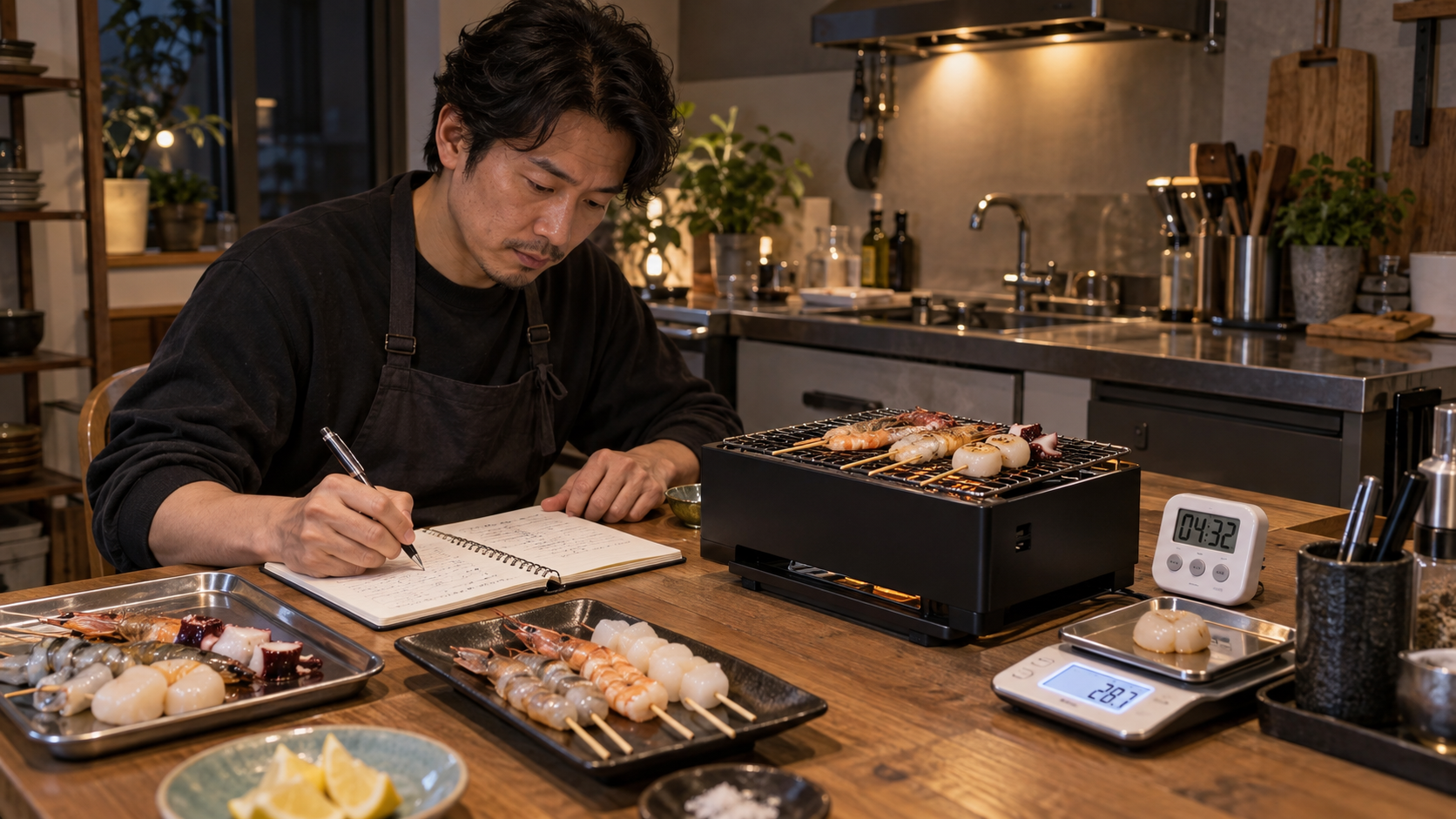 飲食店オーナーが家庭で焼成時間と煙と重量を記録しメニューを試作するイメージ